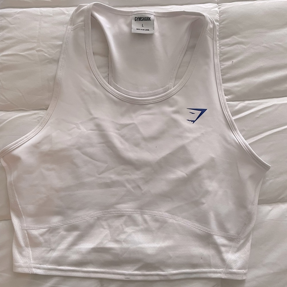 White Gymshark tank with the classic navy blue logo. Worn once due to size.